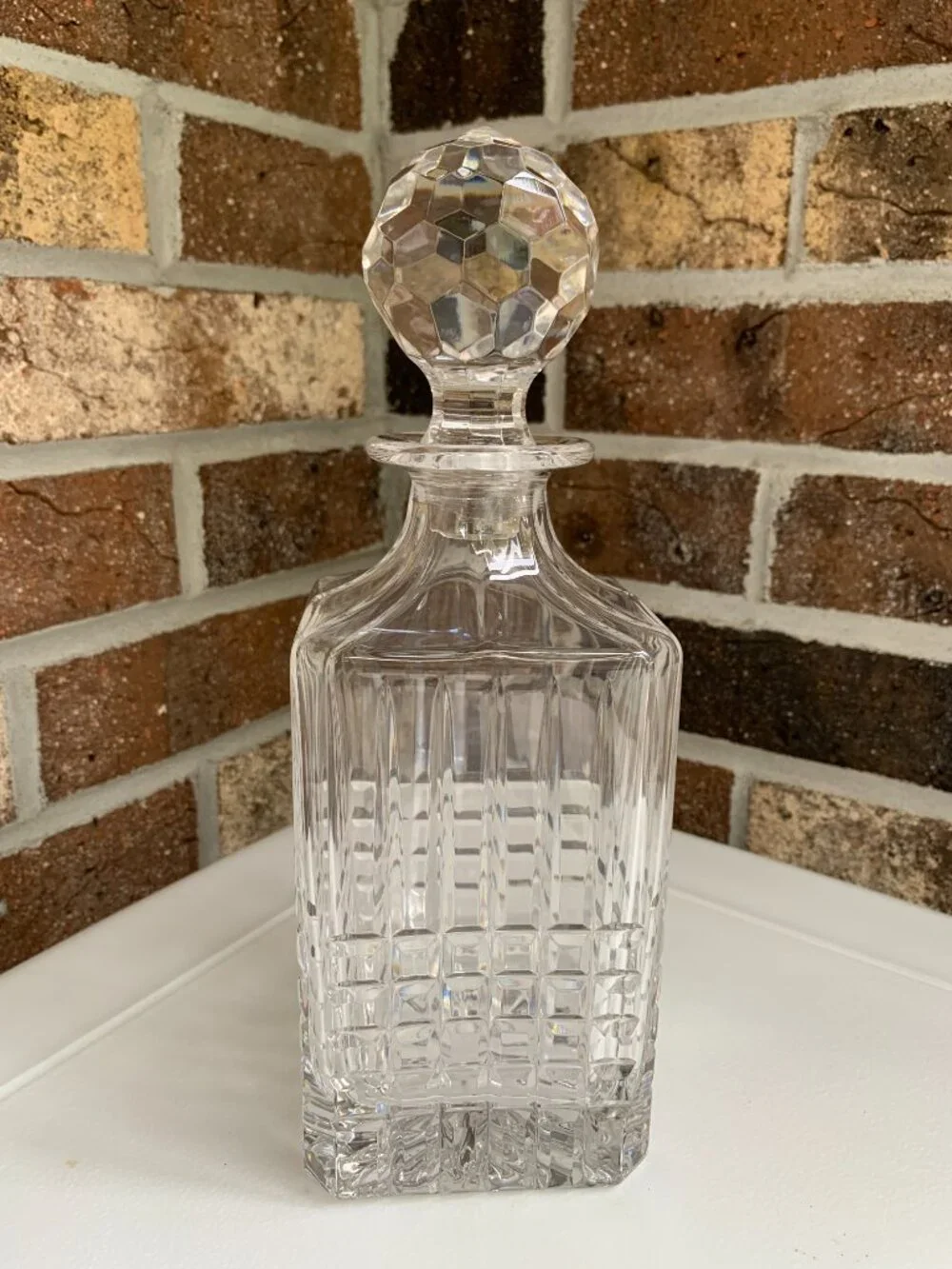 Tiffany & Co Plaid Lead Crystal Whiskey Decanter w Stopper Sticker Signed 10”
